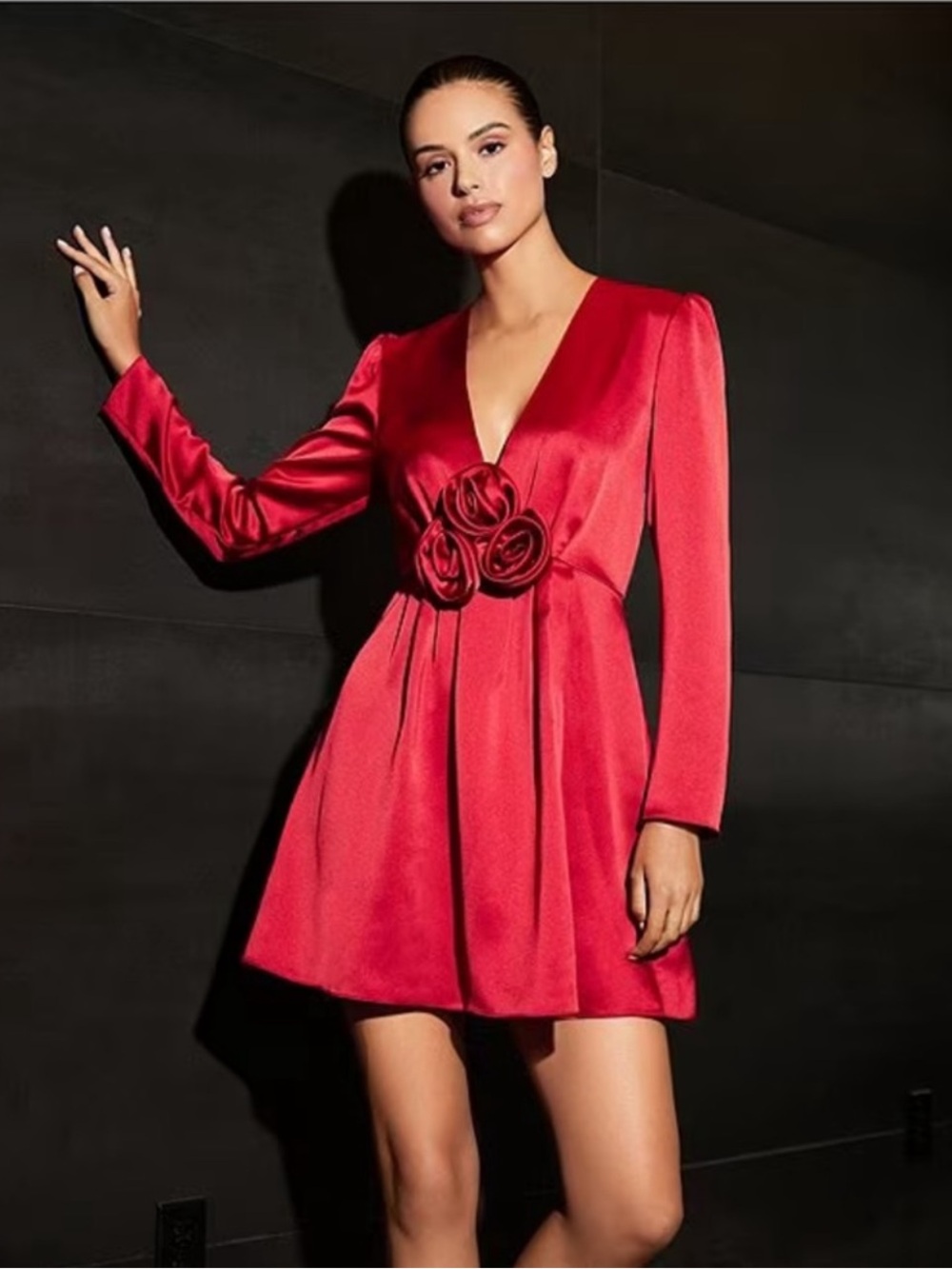 NWT Gianni Bini Bastian Satin V-Neck Rosette Long Sleeve A-Line Dress - Picture 3 of 11